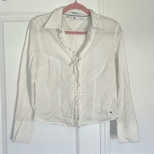 Tommy Hilfigire Size 10 Vintage 2002 Y2K White Lace Up Long Sleeve Cotton Blouse